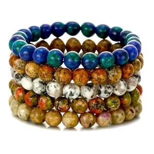 Bracelet Set of 5 Elastic Natural Stone Beaded Charm Bracelets Fashion Jewelry